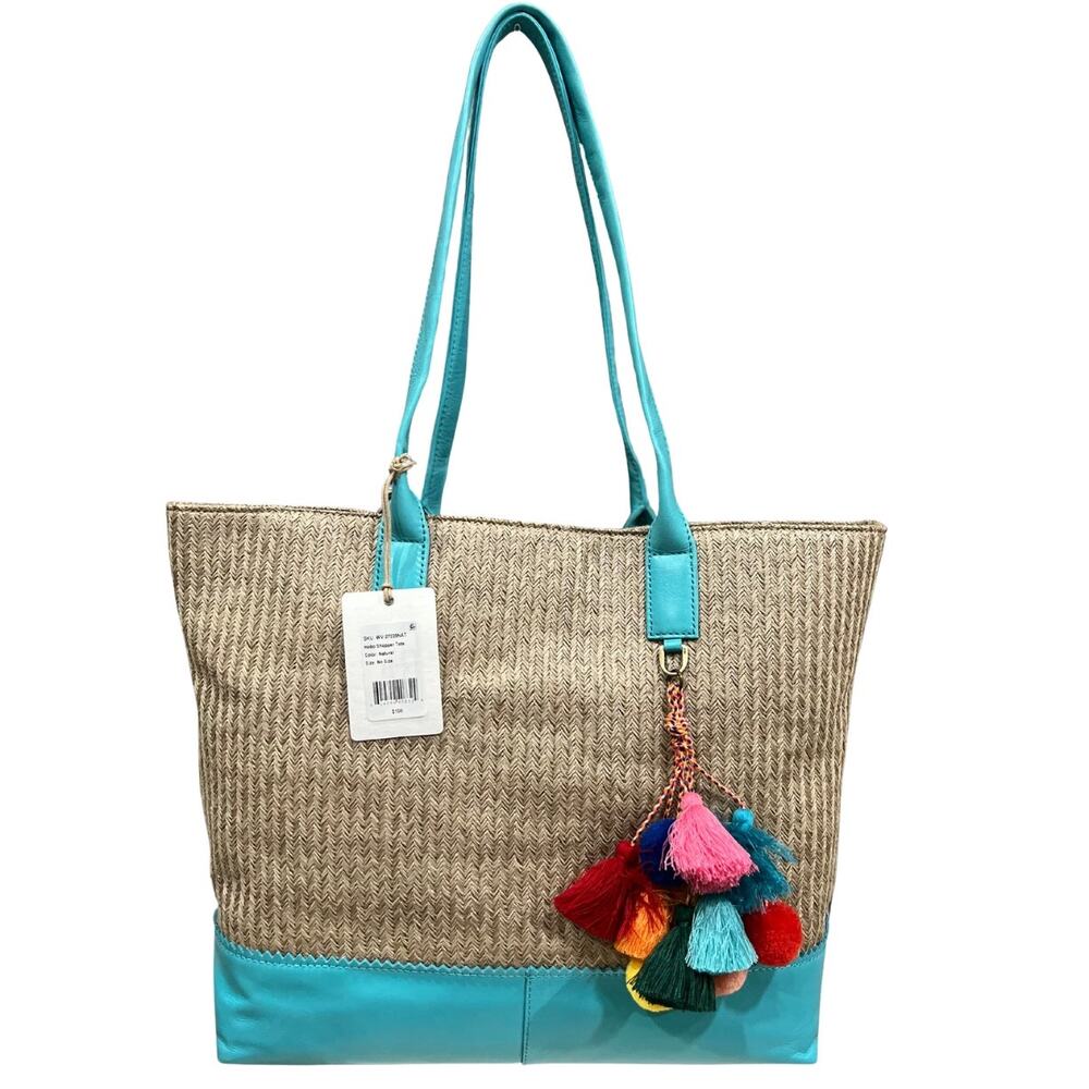 NWT Hobo Shopper Tote Woven Straw & Blue Leather w/ Tassel & Pompom Bag Charm